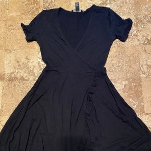 wrap ruffled black skater dress